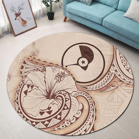 Yap State Round Rug Hibiscus Flower Vintage Style