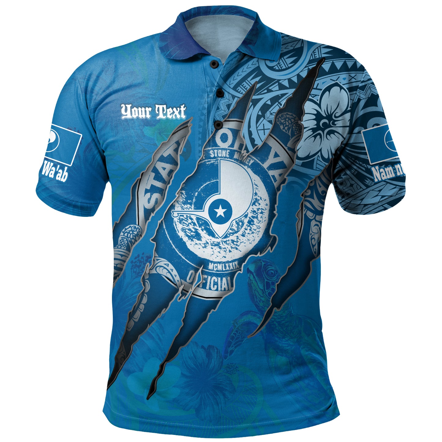 Yap State Polo Shirt Custom Yapese Blood Inside Me Polynesian Sleeve Tattoo Tropical Blue
