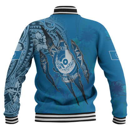 Yap State Baseball Jacket Custom Yapese Blood Inside Me Polynesian Sleeve Tattoo Tropical Blue