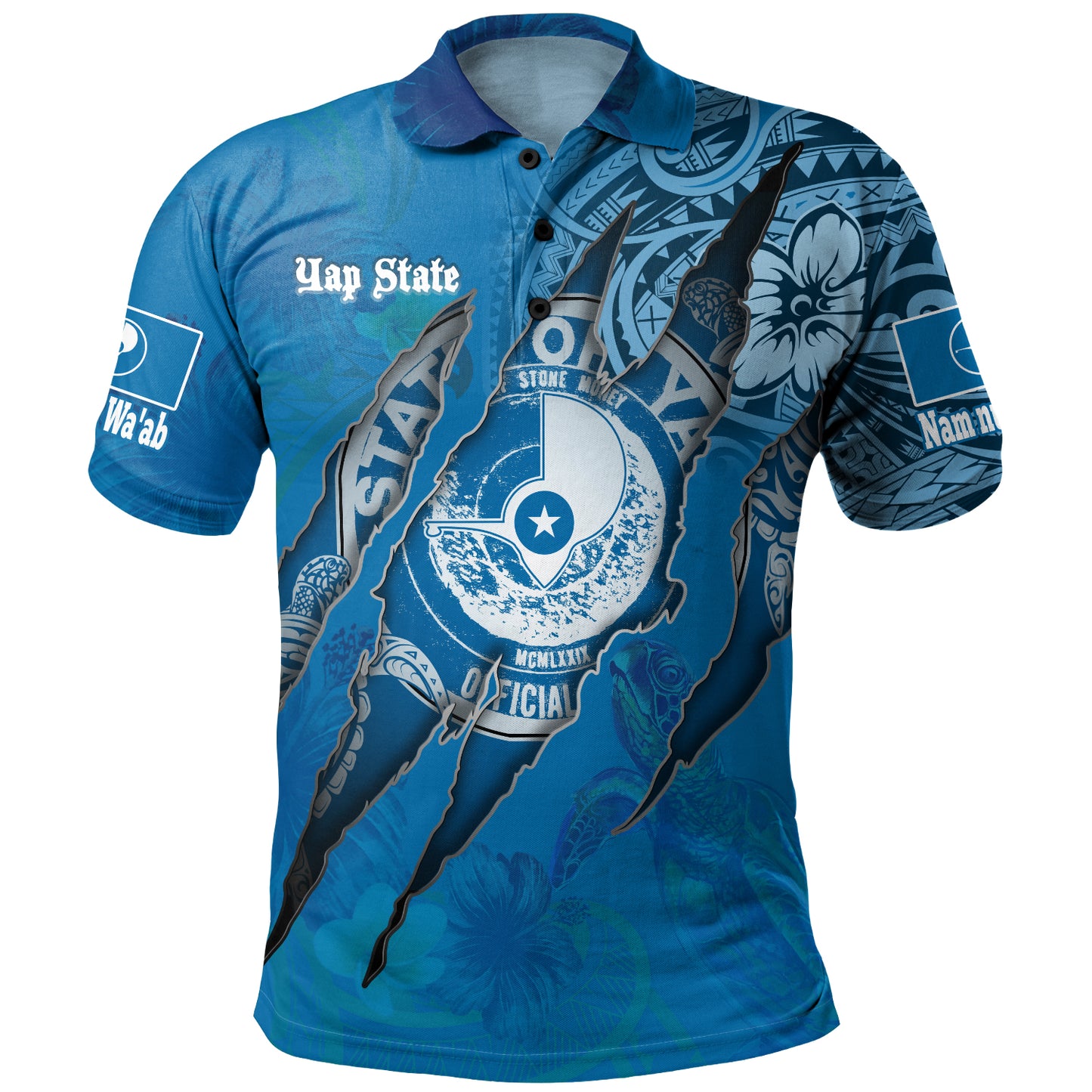Yap State Polo Shirt Custom Yapese Blood Inside Me Polynesian Sleeve Tattoo Tropical Blue