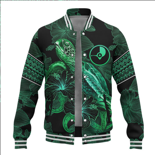 Yap State Baseball Jacket  Sea Turtle With Blooming Hibiscus Flowers Tribal Green