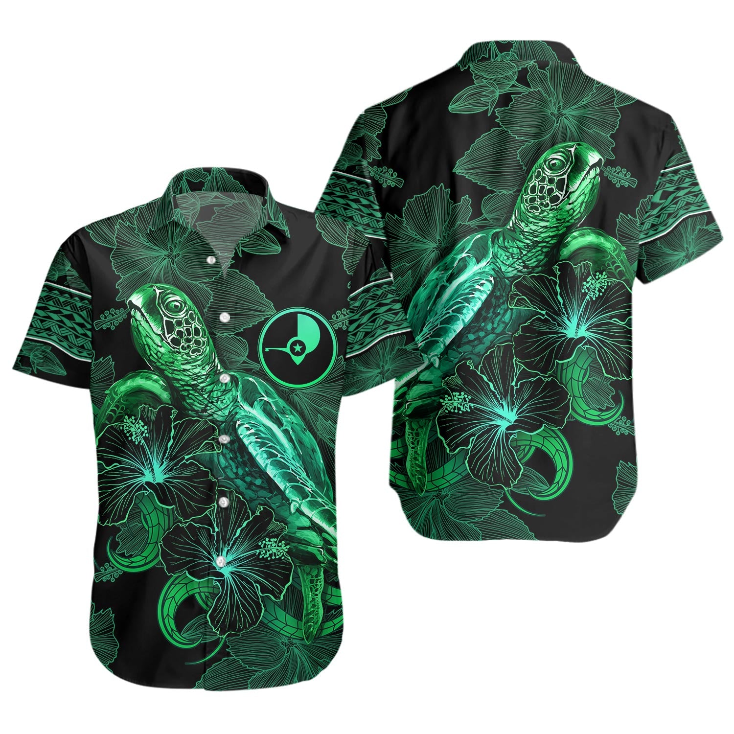 Yap State Short Sleeve Shirt  Sea Turtle With Blooming Hibiscus Flowers Tribal Green