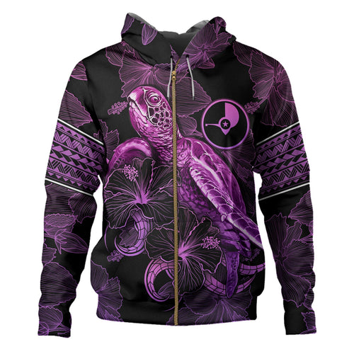 Yap State Hoodie Sea Turtle With Blooming Hibiscus Flowers Tribal Purple