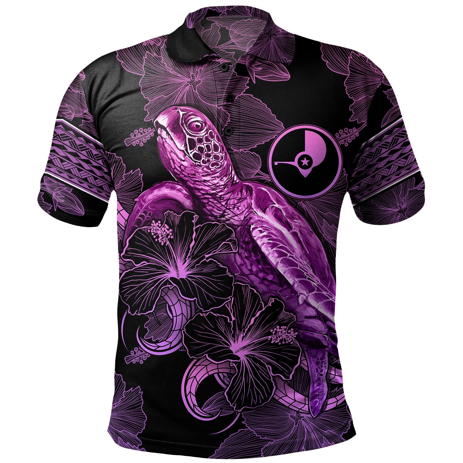 Yap State Polo Shirt Sea Turtle With Blooming Hibiscus Flowers Tribal Purple
