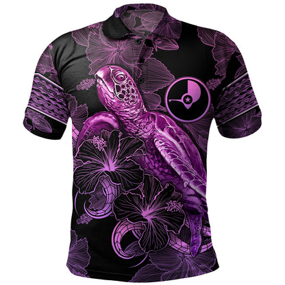 Yap State Polo Shirt Sea Turtle With Blooming Hibiscus Flowers Tribal Purple