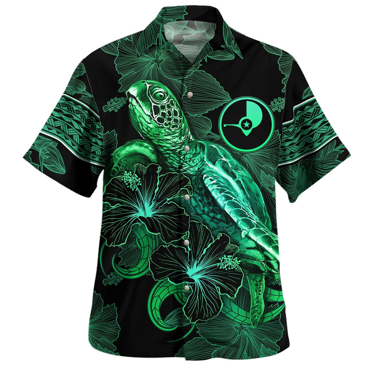 Yap State Hawaiian Shirt  Sea Turtle With Blooming Hibiscus Flowers Tribal Green