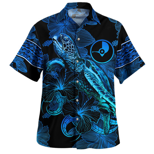 Yap State Hawaiian Shirt Sea Turtle With Blooming Hibiscus Flowers Tribal Blue