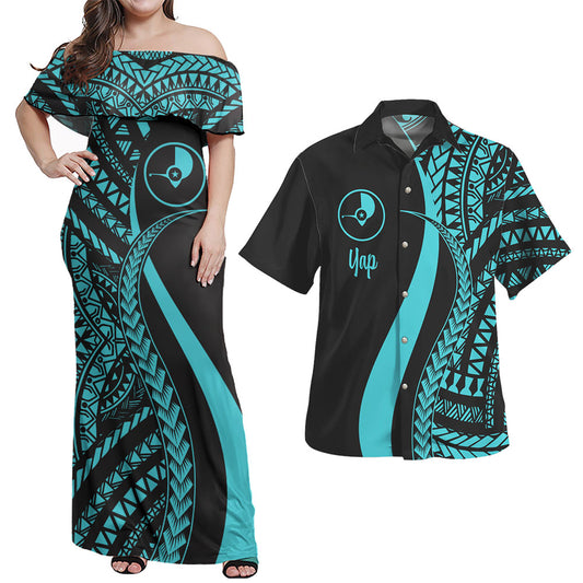 Yap Combo Dress And Shirt - Micronesian Tentacle Tribal Pattern Turquoise