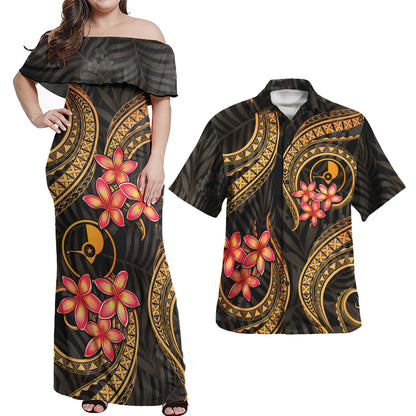 Yap Polynesian Pattern Combo Dress And Shirt Gold Plumeria