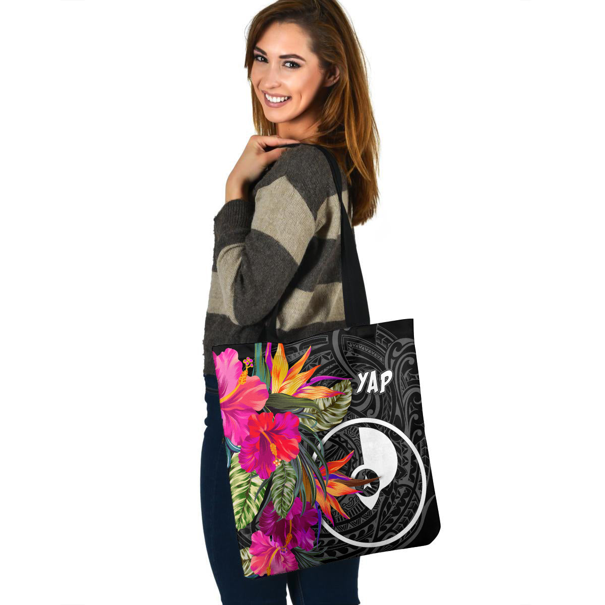 Yap Custom Personalised Tote Bag Polynesian Hibiscus Pattern