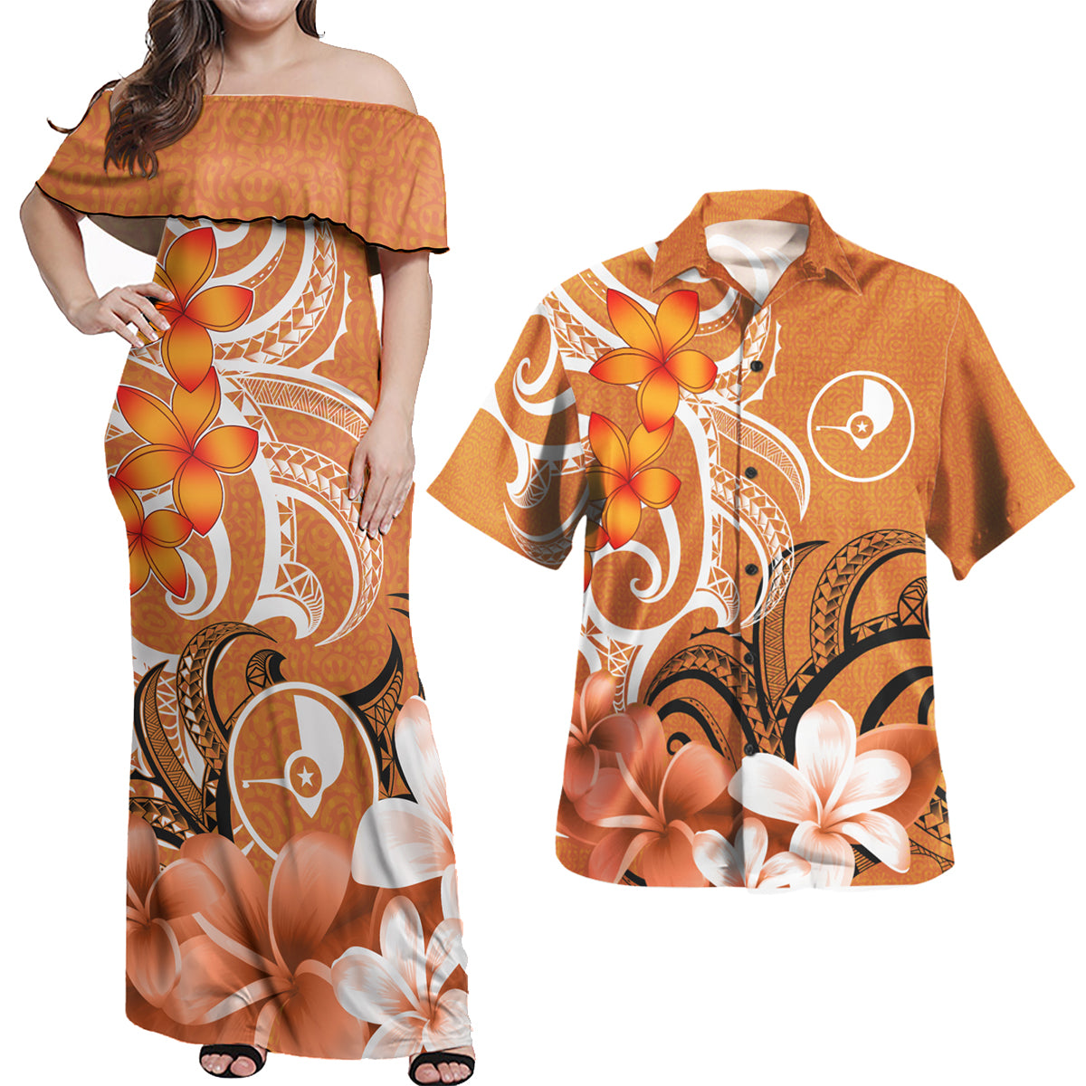 Yap Polynesian Pattern Combo Dress And Shirt - Floral Spirit Orange