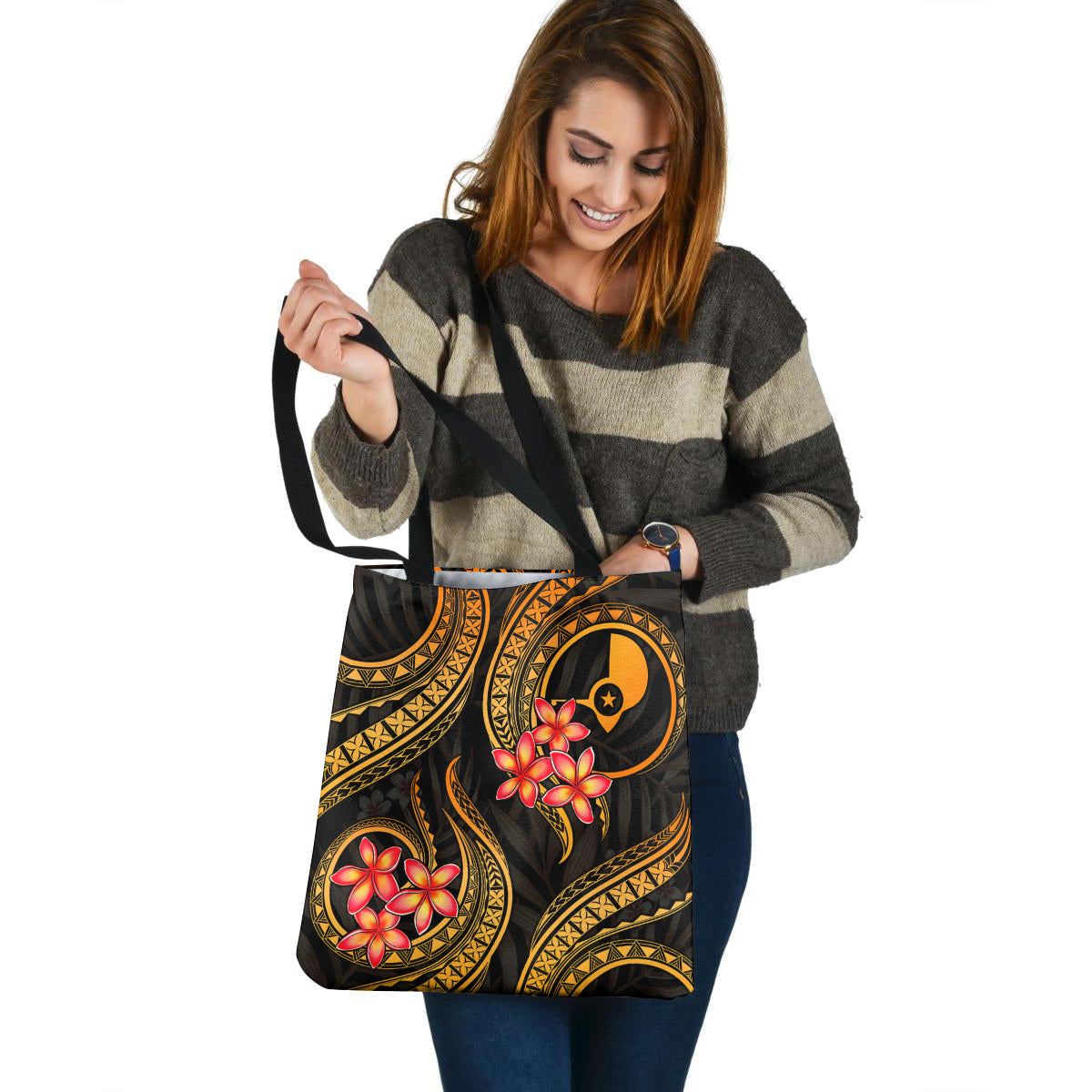 Yap Tote Bag Gold Polynesian Pattern Plumeria