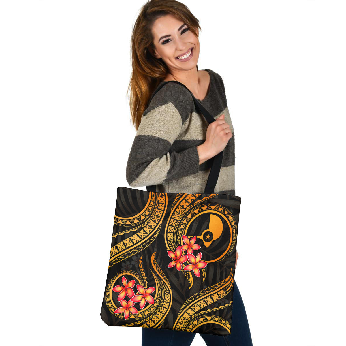 Yap Tote Bag Gold Polynesian Pattern Plumeria