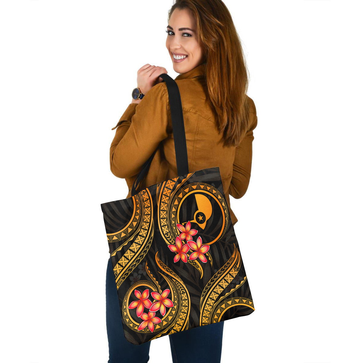 Yap Tote Bag Gold Polynesian Pattern Plumeria