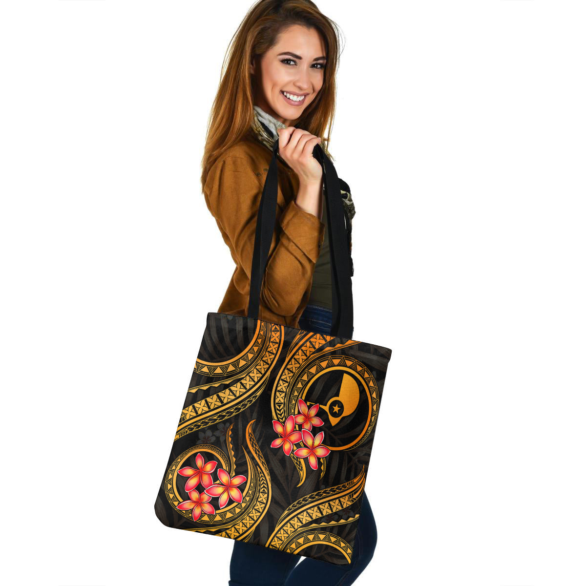 Yap Tote Bag Gold Polynesian Pattern Plumeria