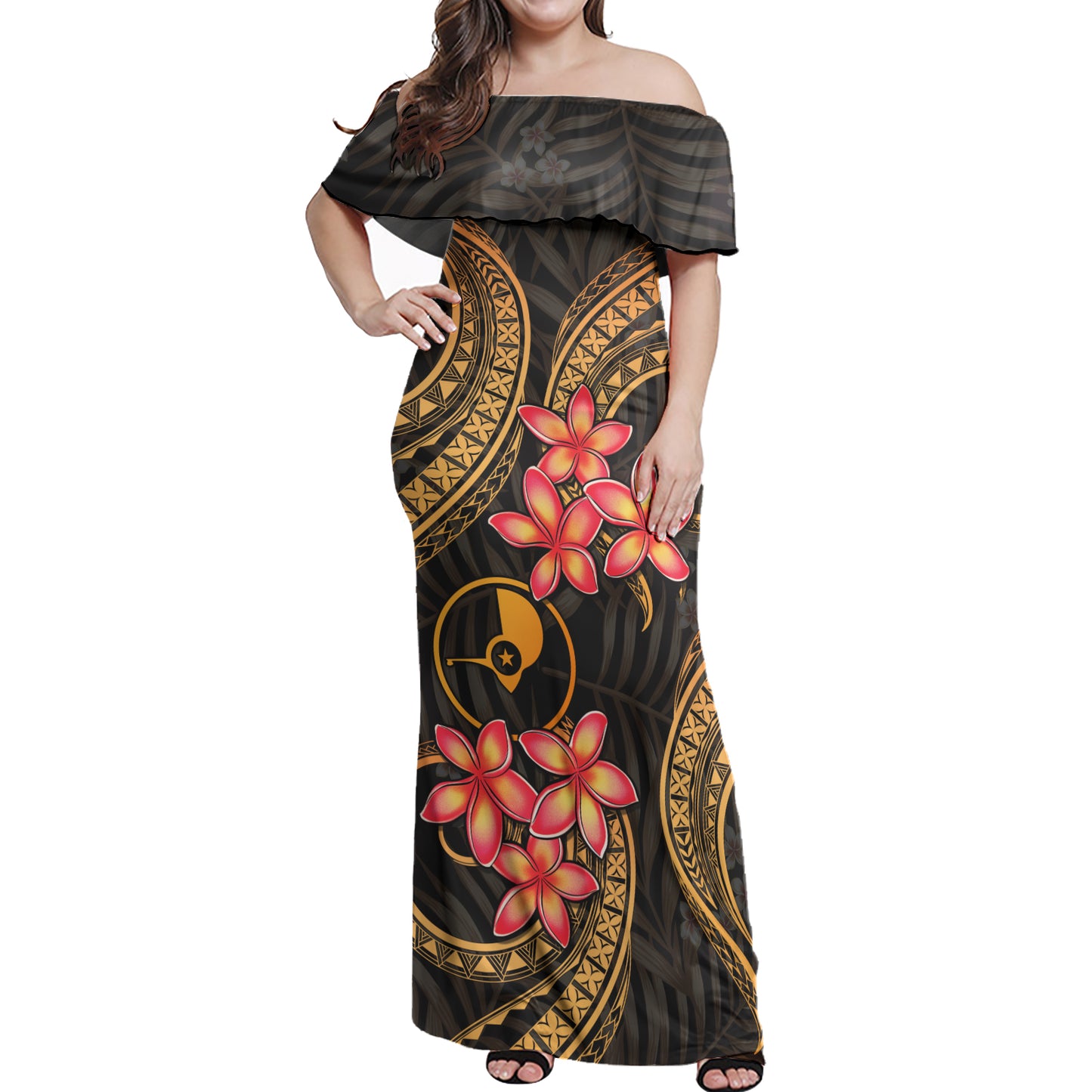 Yap Woman Off Shoulder Long Dress Polynesian Gold Plumeria