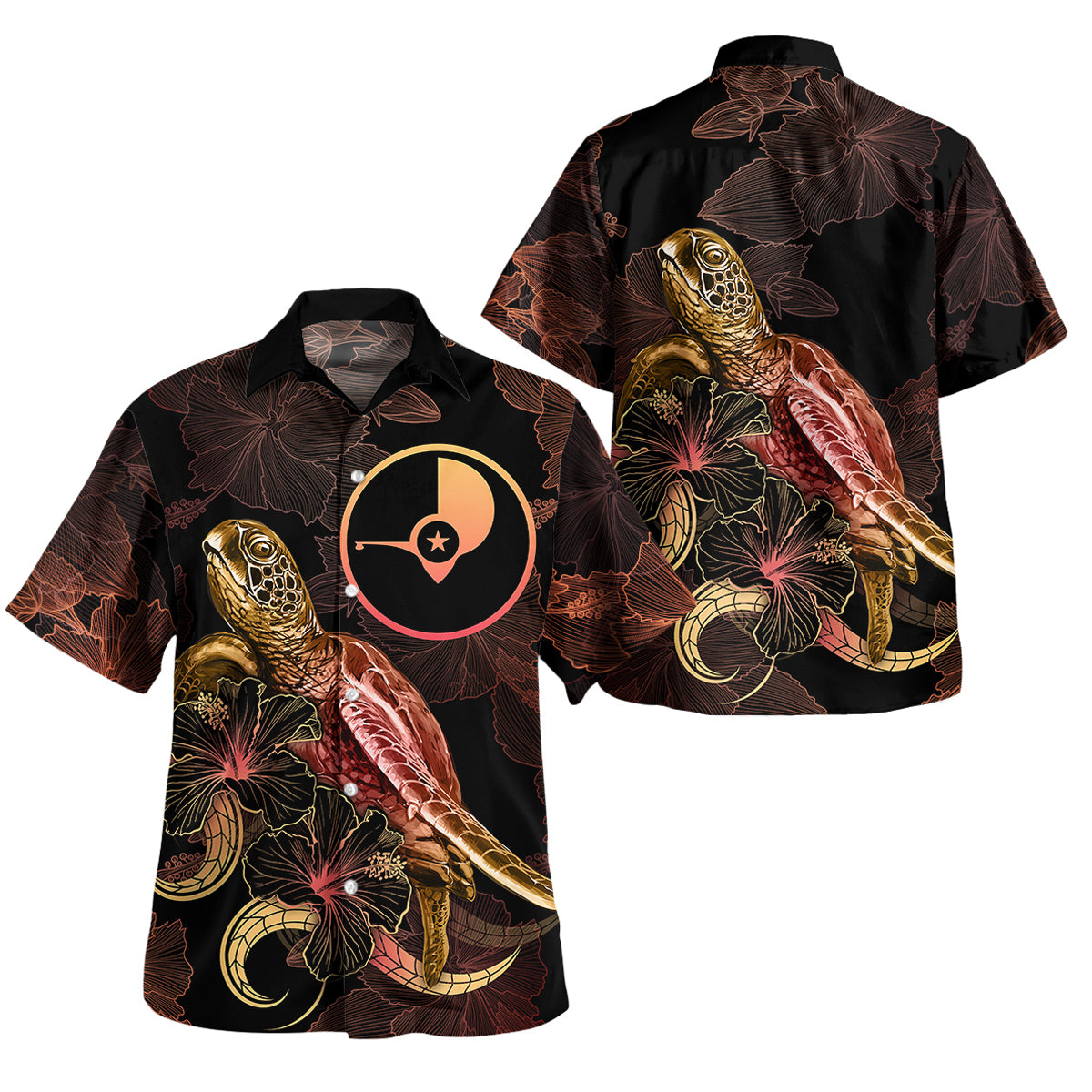 Yap Short Sleeve Shirt - Custom Yap Coat Of Arms With Polynesian Turtle Blooming Hibiscus Gold