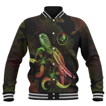 Yap State Baseball Jacket Sea Turtle With Blooming Hibiscus Flowers Reggae