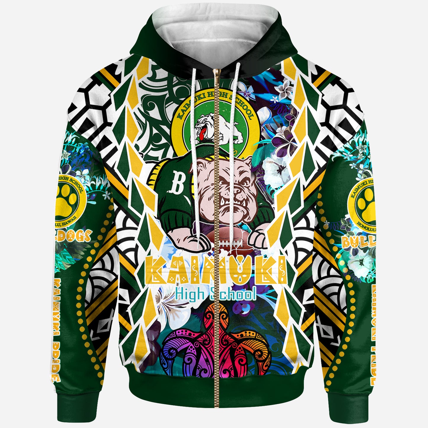 Hawaii Custom Personalised Hoodie - Kaimuki High School Bulldogs With Hawaiian Sea Turtle And Tribal Patterns