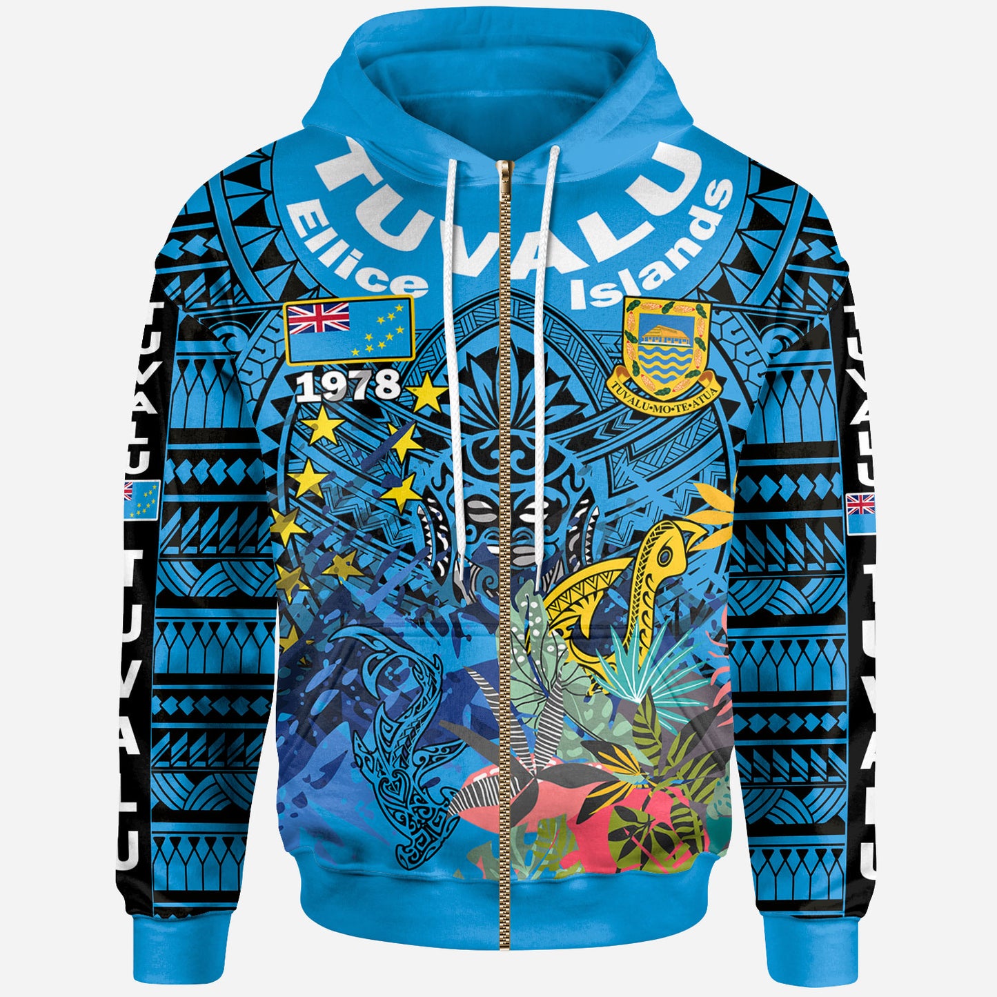 Tuvalu Ellice Islands Polynesian Hoodie - Custom Tuvalu Coat Of Arms With Tropical Flowers And Hei Matau 1978 Hoodie
