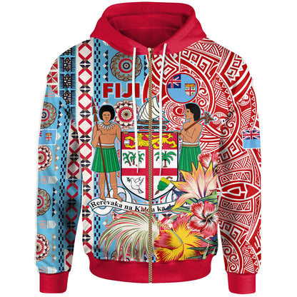 Fiji Polynesian Hoodie - Custom Fiji Coat of Arms With Tapa Patterns And Tribal Hibiscus Hoodie