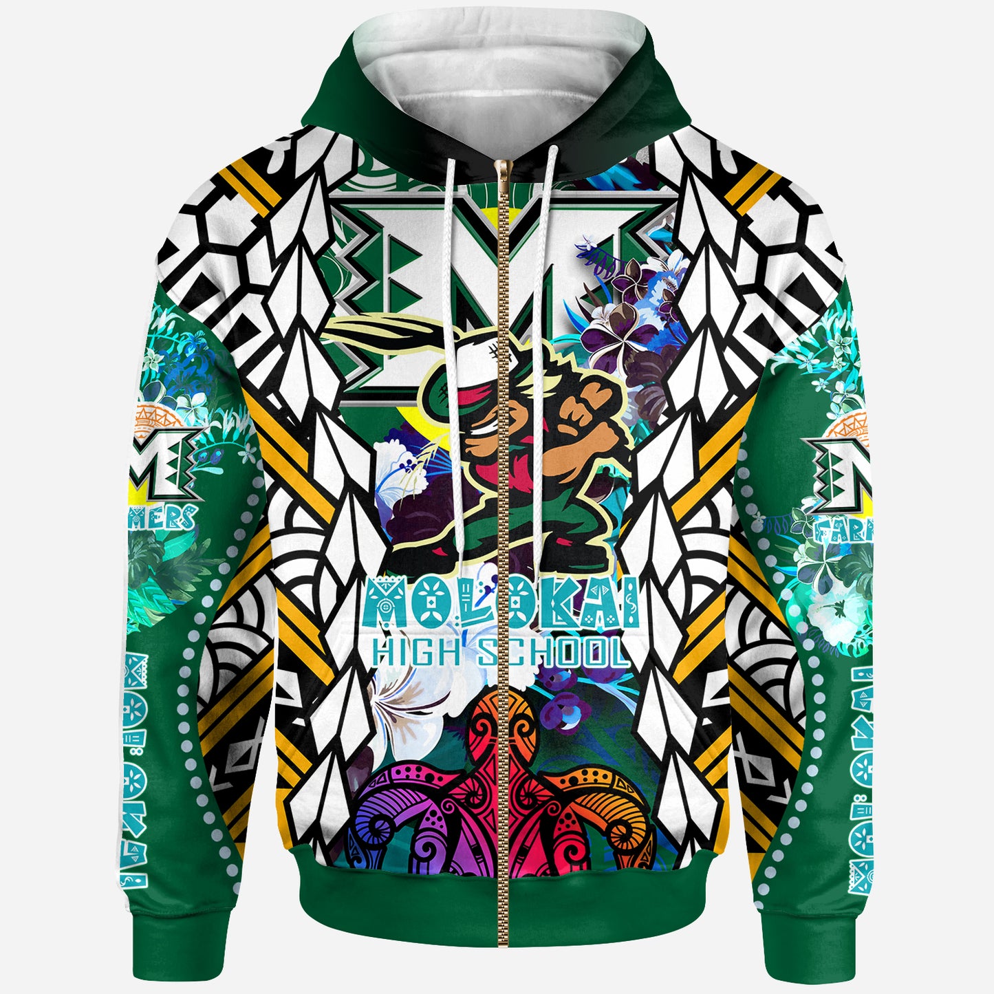 Hawaii Custom Personalised Hoodie - Moloka'i High School SuPER Farmer With Polynesian Sea Turtle And Hibiscus Tribal Patterns