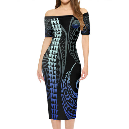 American Samoa Combo Short Sleeve Dress And Shirt Kakau Style Gradient Blue