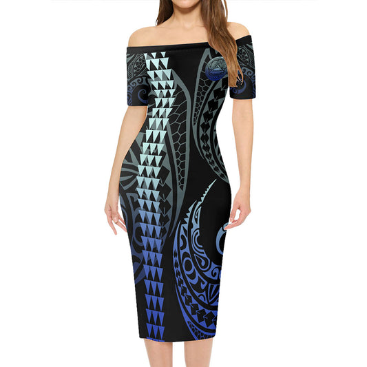 American Samoa Short Sleeve Off The Shoulder Lady Dress Kakau Style Gradient Blue