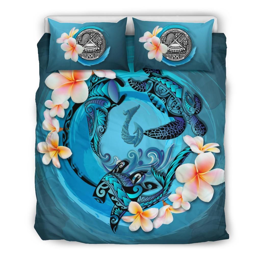 Polynesian Duvet Cover Set - American Samoa Bedding Set Blue Plumeria Animal Tattoo