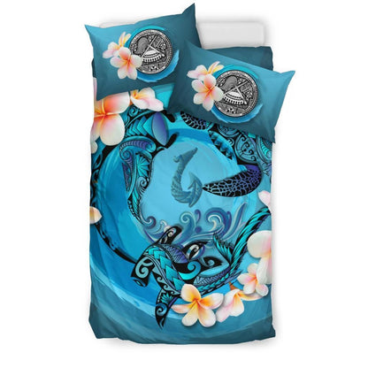 Polynesian Duvet Cover Set - American Samoa Bedding Set Blue Plumeria Animal Tattoo