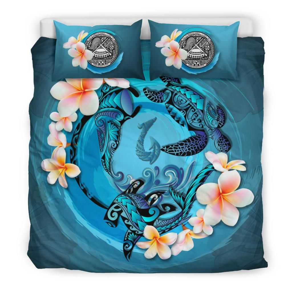 Polynesian Duvet Cover Set - American Samoa Bedding Set Blue Plumeria Animal Tattoo