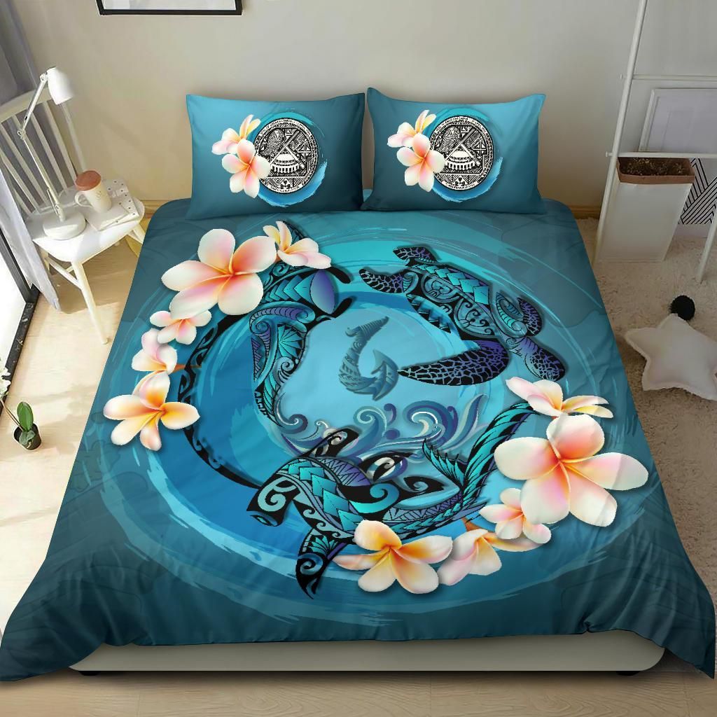 Polynesian Duvet Cover Set - American Samoa Bedding Set Blue Plumeria Animal Tattoo