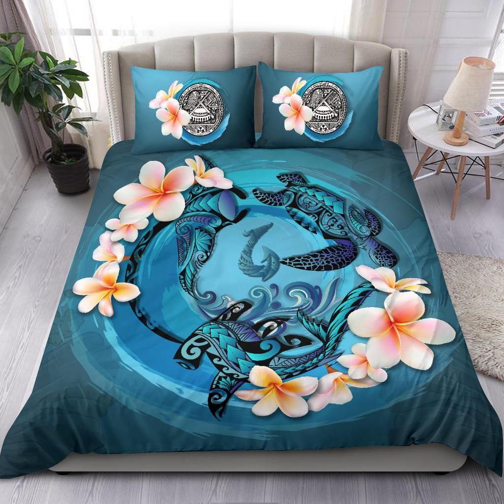 Polynesian Duvet Cover Set - American Samoa Bedding Set Blue Plumeria Animal Tattoo