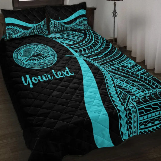 American Samoa Custom Personalised Quilt Bed Set - Turquoise Polynesian Tentacle Tribal Pattern