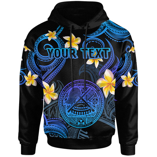 American Samoa Hoodie - Custom Personalised Polynesian Waves with Plumeria Flowers (Blue)