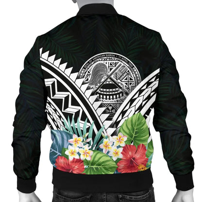 American Samoa Bomber Jacket - Yap Coat of Arms & Polynesian Tropical Flowers White
