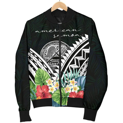 American Samoa Bomber Jacket - Yap Coat of Arms & Polynesian Tropical Flowers White