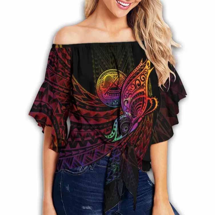 American Samoa Off Shoulder Wrap Waist Top - Butterfly Polynesian Style