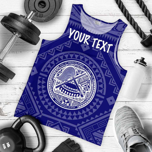 American Samoa Personalised Men Tank Top - Seal In Polynesian Tattoo Style ( Blue)