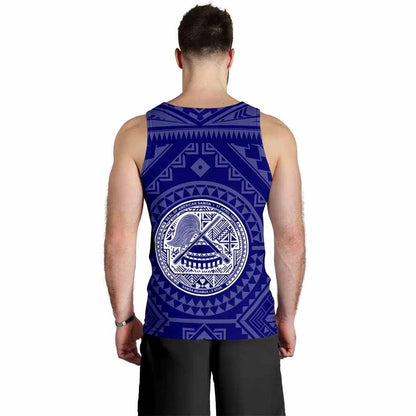 American Samoa Personalised Men Tank Top - Seal In Polynesian Tattoo Style ( Blue)