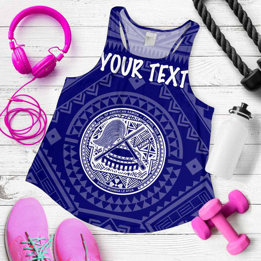 American Samoa Personalised Women Racerback Tank - Seal In Polynesian Tattoo Style (Blue)