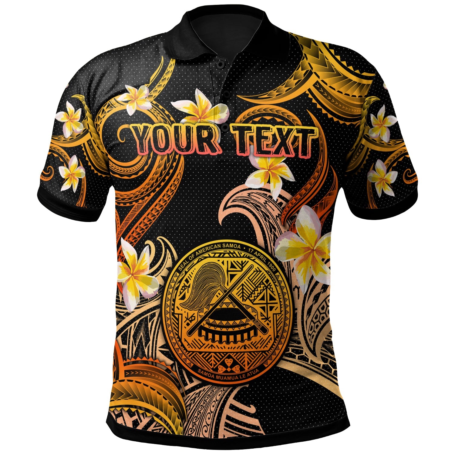 American Samoa Polo Shirt - Custom Personalised Polynesian Waves with Plumeria Flowers (Orange)