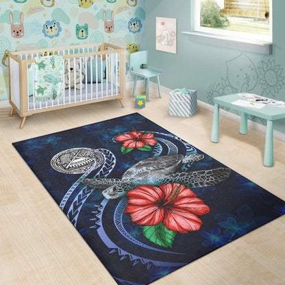 American Samoa Polynesian Area Rug - Blue Turtle Hibiscus