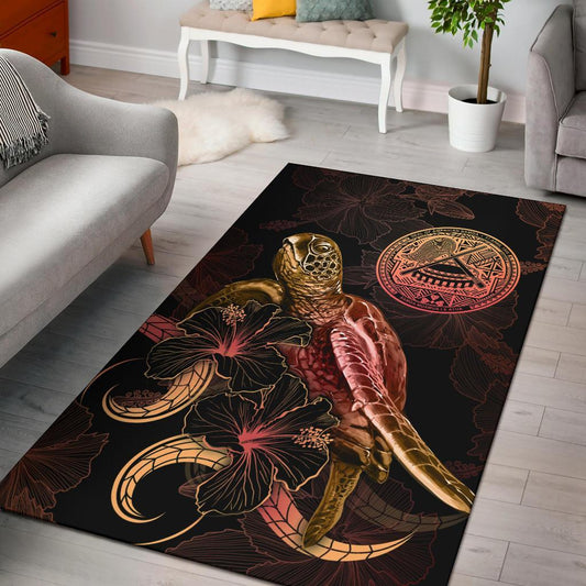 American Samoa Polynesian Area Rugs - Turtle With Blooming Hibiscus Gold- BN22