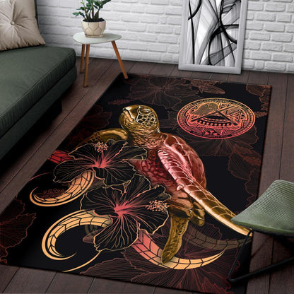 American Samoa Polynesian Area Rugs - Turtle With Blooming Hibiscus Gold- BN22