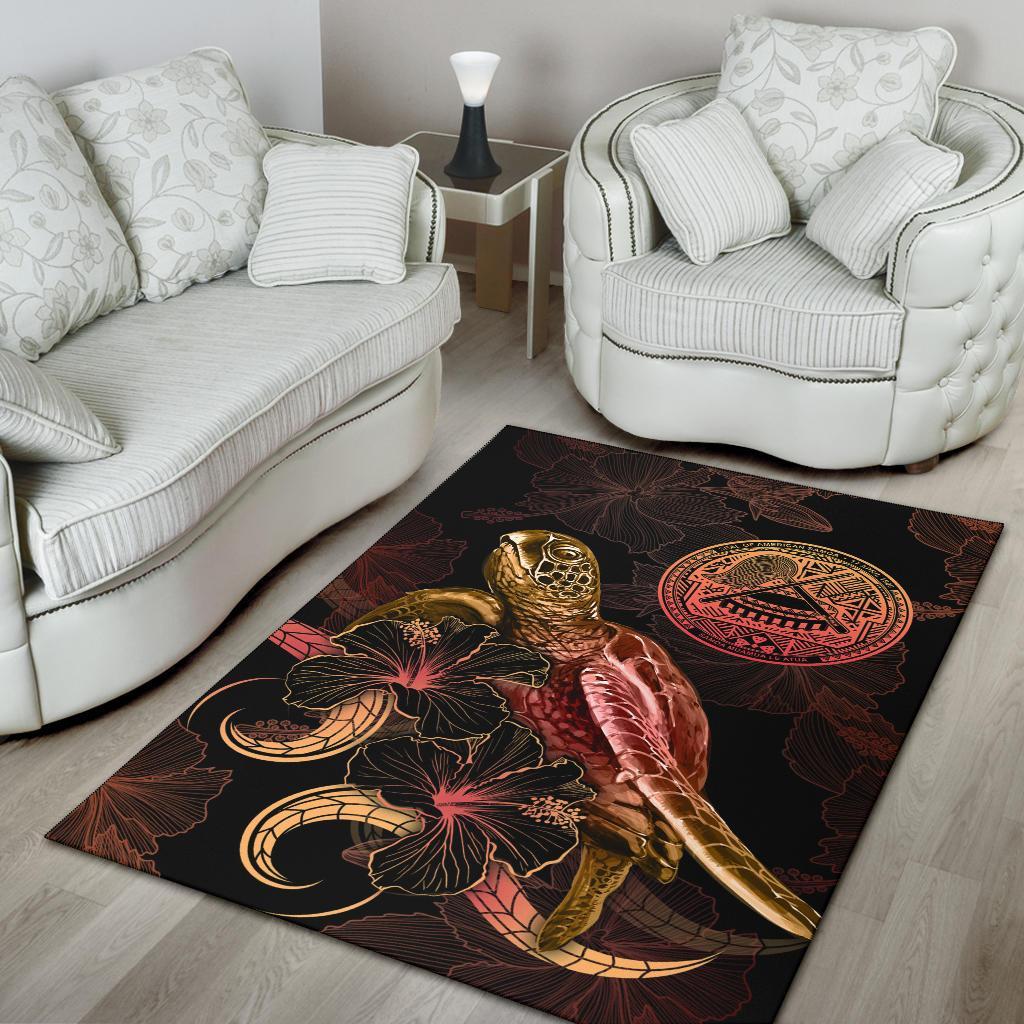 American Samoa Polynesian Area Rugs - Turtle With Blooming Hibiscus Gold- BN22