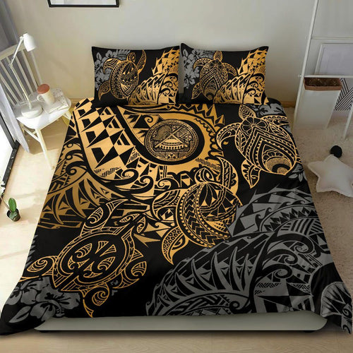 American Samoa Polynesian Duvet Cover Set - Gold Turtle Hibiscus Flowing