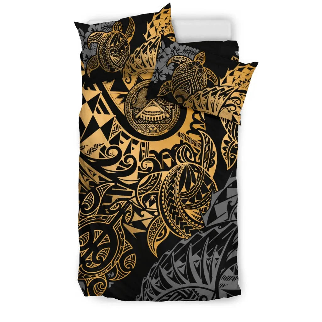 American Samoa Polynesian Duvet Cover Set - Gold Turtle Hibiscus Flowing