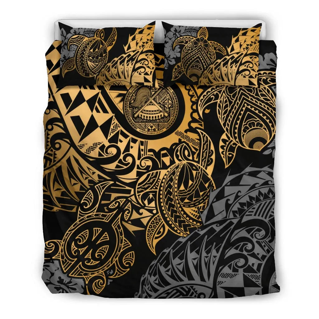 American Samoa Polynesian Duvet Cover Set - Gold Turtle Hibiscus Flowing