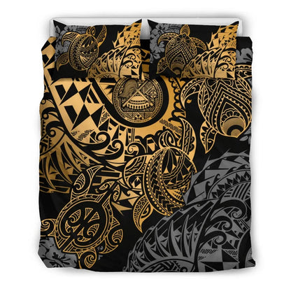 American Samoa Polynesian Duvet Cover Set - Gold Turtle Hibiscus Flowing